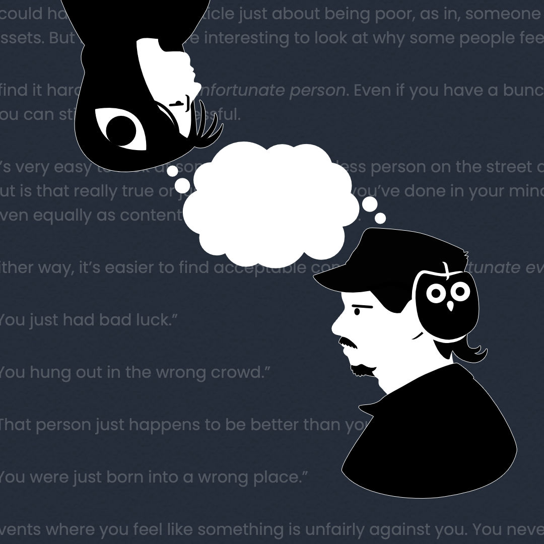 Cartoon owl peeking through a magnifying glass. Snippet of blog text in the background.