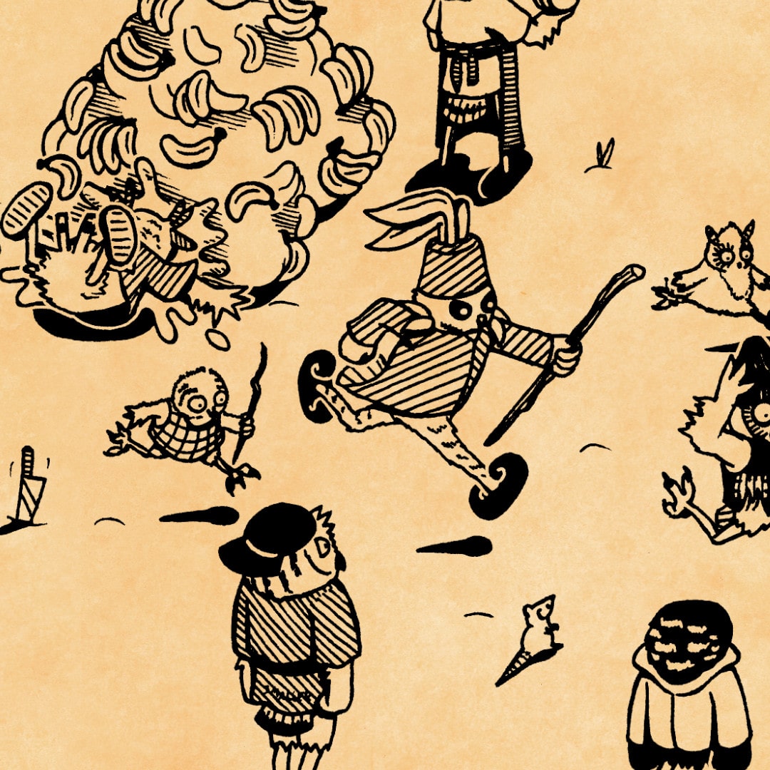 Illustration of owl people running around.